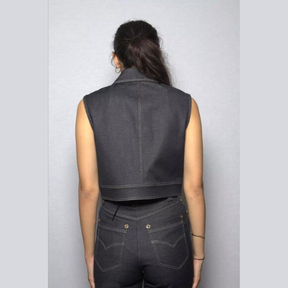 NWT VERSACE Tribute Blue Dark Wash Denim Gold Medusa Button Cropped Vest - Picture 9 of 11